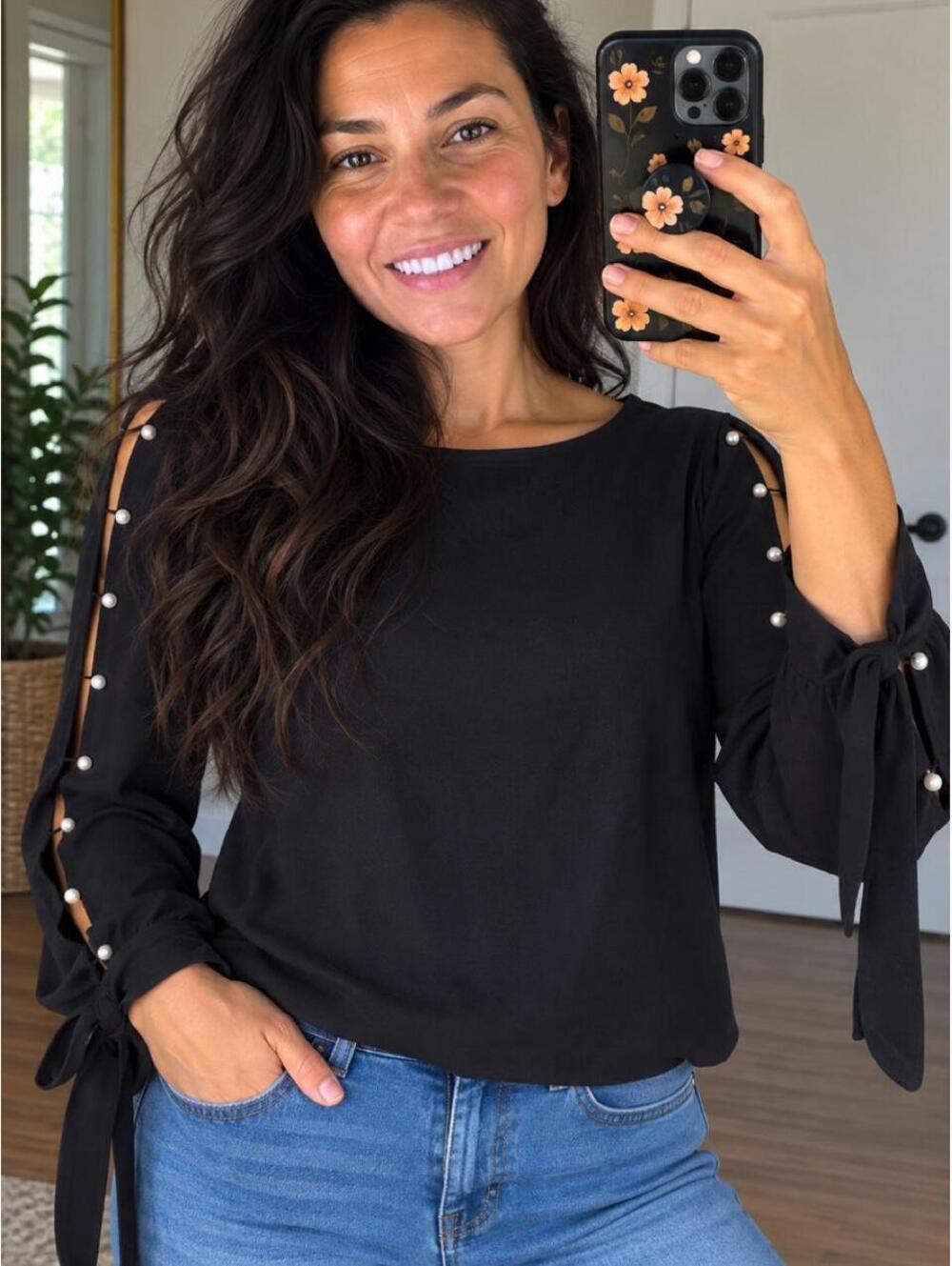 Black Pearl Split Sleeve Blouse Tie Cuff Cold Shoulder Dark Coquette Holiday